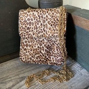 Leopard Print Gold Chain Strap Flap Over Top Crossbody Bag Purse 6” x 4 x 2"